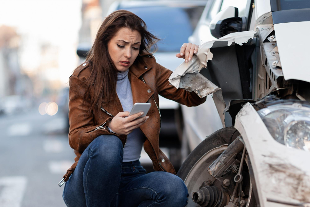 Frau kniet neben ihrem Unfallwagen und schaut unsicher auf ihr Handy | Autounfall was tun
